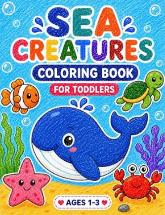 Sea Creatures Coloring Book cover with cute ocean animals for toddlers ages 1 to 3