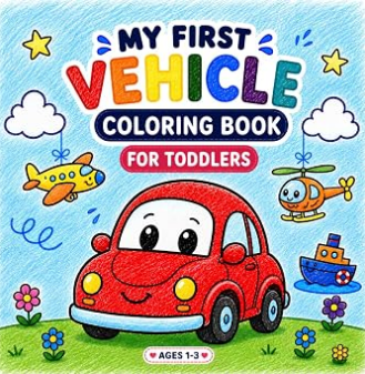 My First Vehicle Coloring Book cover with cute cars and transportation for toddlers