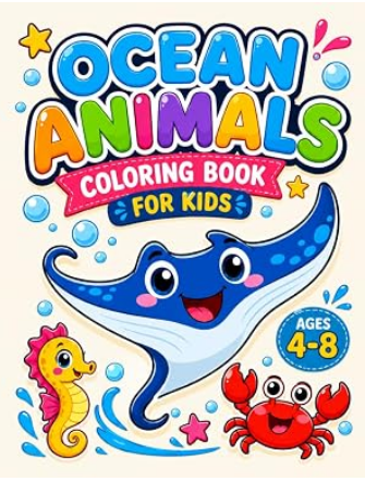 Ocean Animals Coloring Book cover with friendly sea creatures and an underwater theme