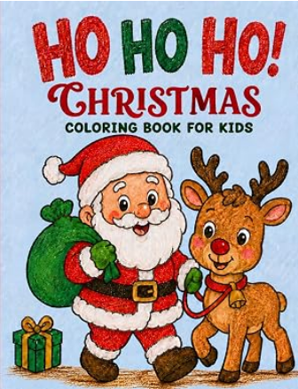 Ho Ho Ho Christmas coloring book cover with Santa and his festive holiday journey