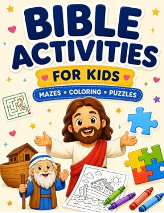 Bible Activities for Kids cover with colorful Christian puzzles and activity illustrations