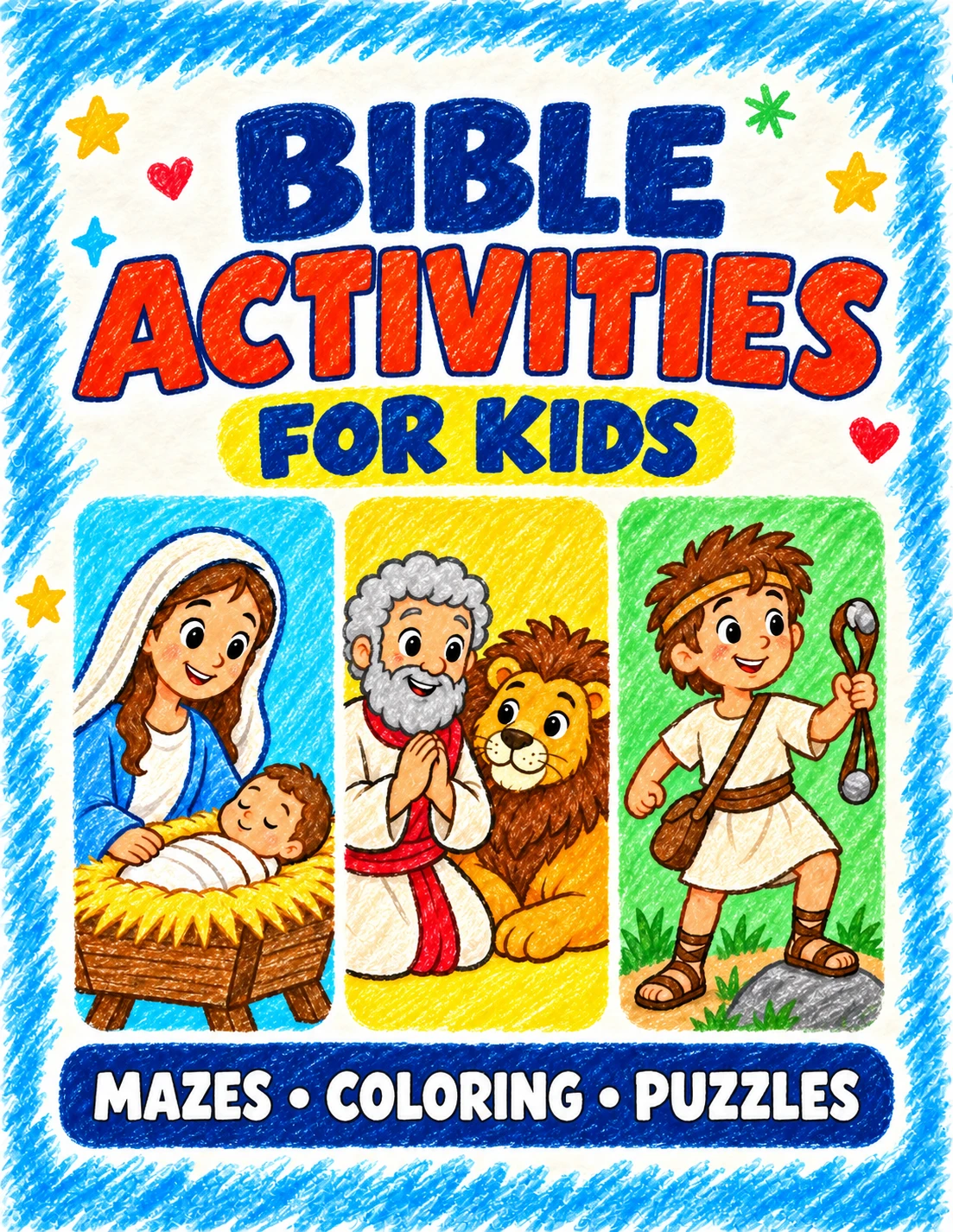Bible Activities for Kids cover with colorful Christian puzzles and activity illustrations