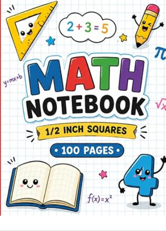 Math Notebook with half-inch squares cover designed for kids and students