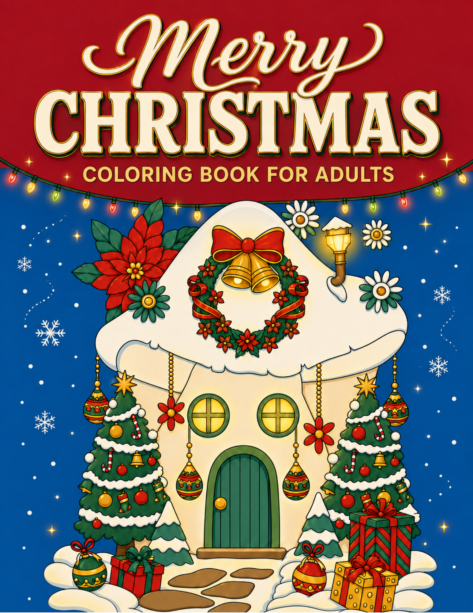 Merry Christmas adult coloring book cover by Blake McNee with festive holiday illustrations