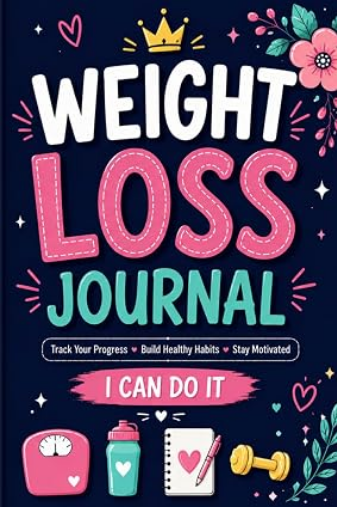Weight Loss Journal for Women cover with a cheerful food, fitness and habit-tracking theme