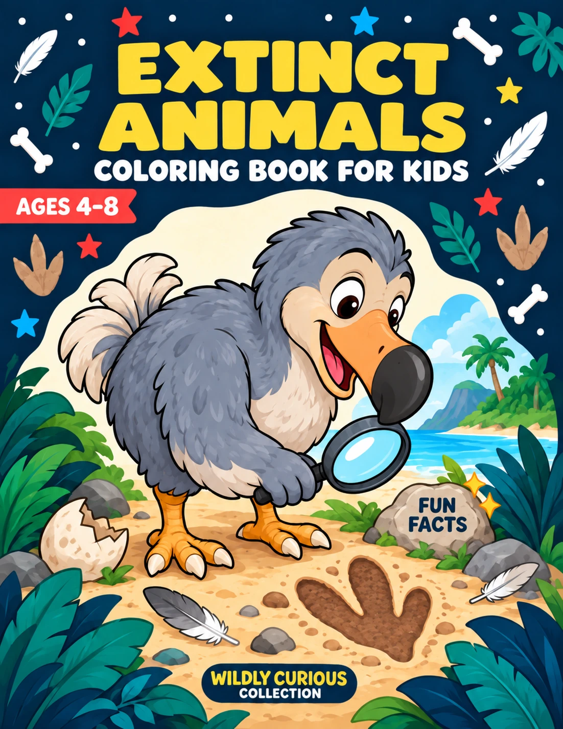 Extinct Animals coloring book cover featuring a cute dodo with a magnifying glass, for kids ages 4 to 8
