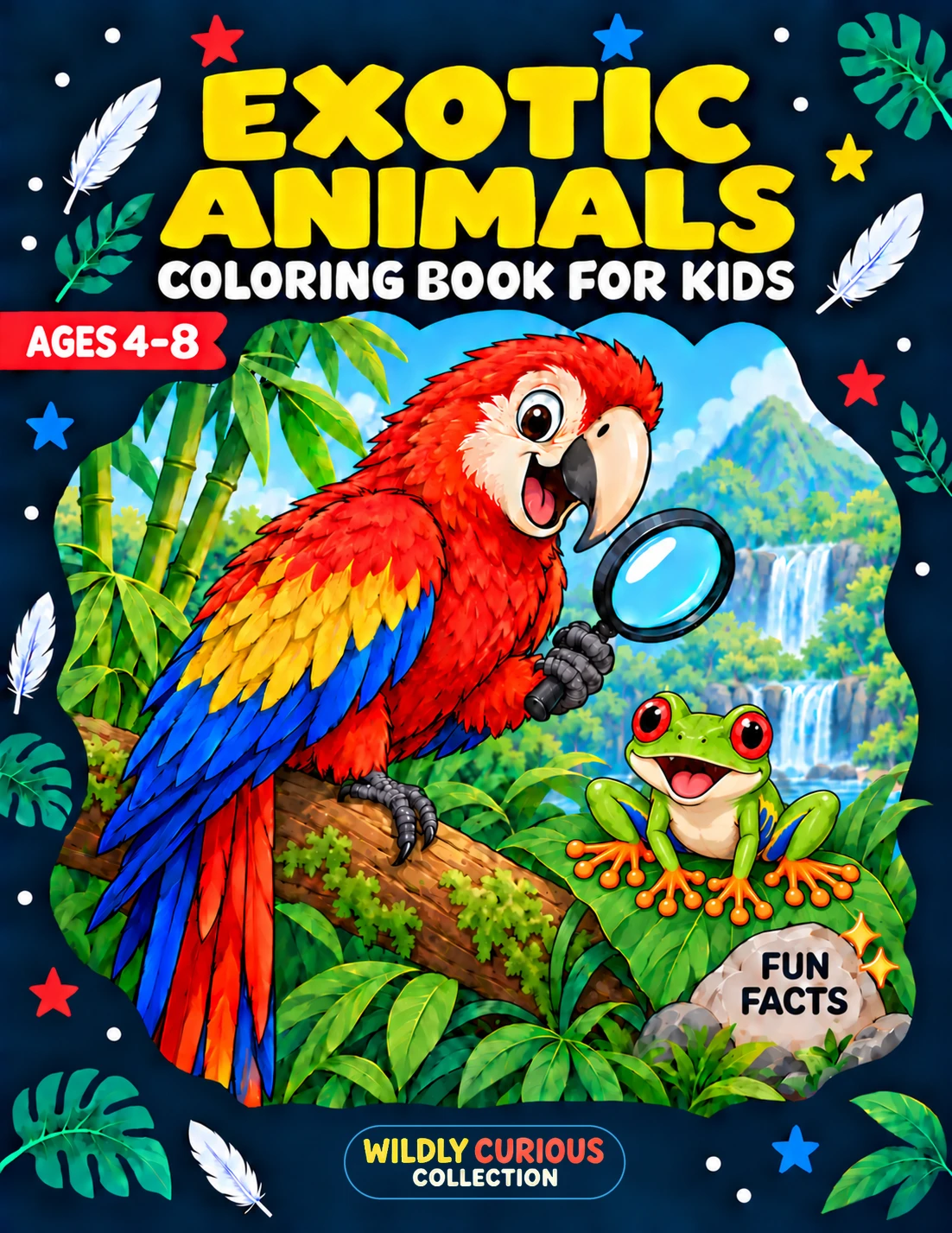 Exotic Animals coloring book cover with a colorful parrot holding a magnifying glass and a smiling frog in a tropical scene