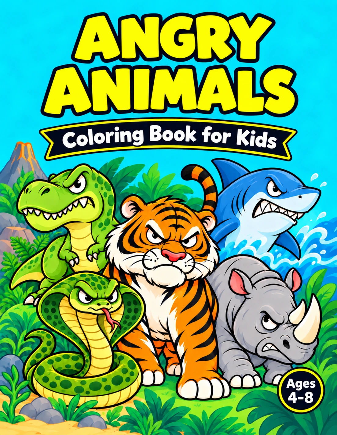 Angry Animals coloring book cover with a grumpy tiger, rhino, cobra, shark and dinosaur in a colorful jungle and sea scene