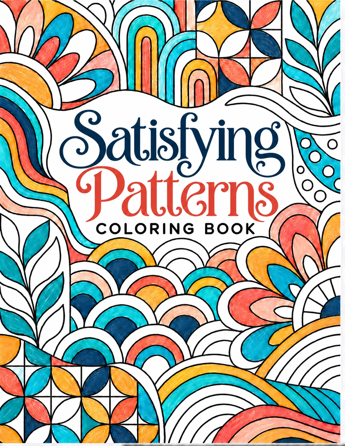 Satisfying Patterns coloring book cover with colorful flowing waves, leaves and geometric shapes surrounding the title