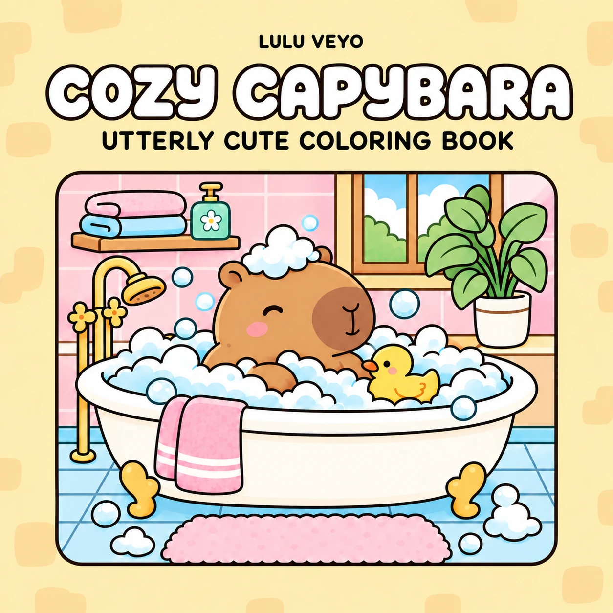 Cozy Capybara coloring book cover showing a capybara relaxing in a bubbly bathtub with a rubber duck