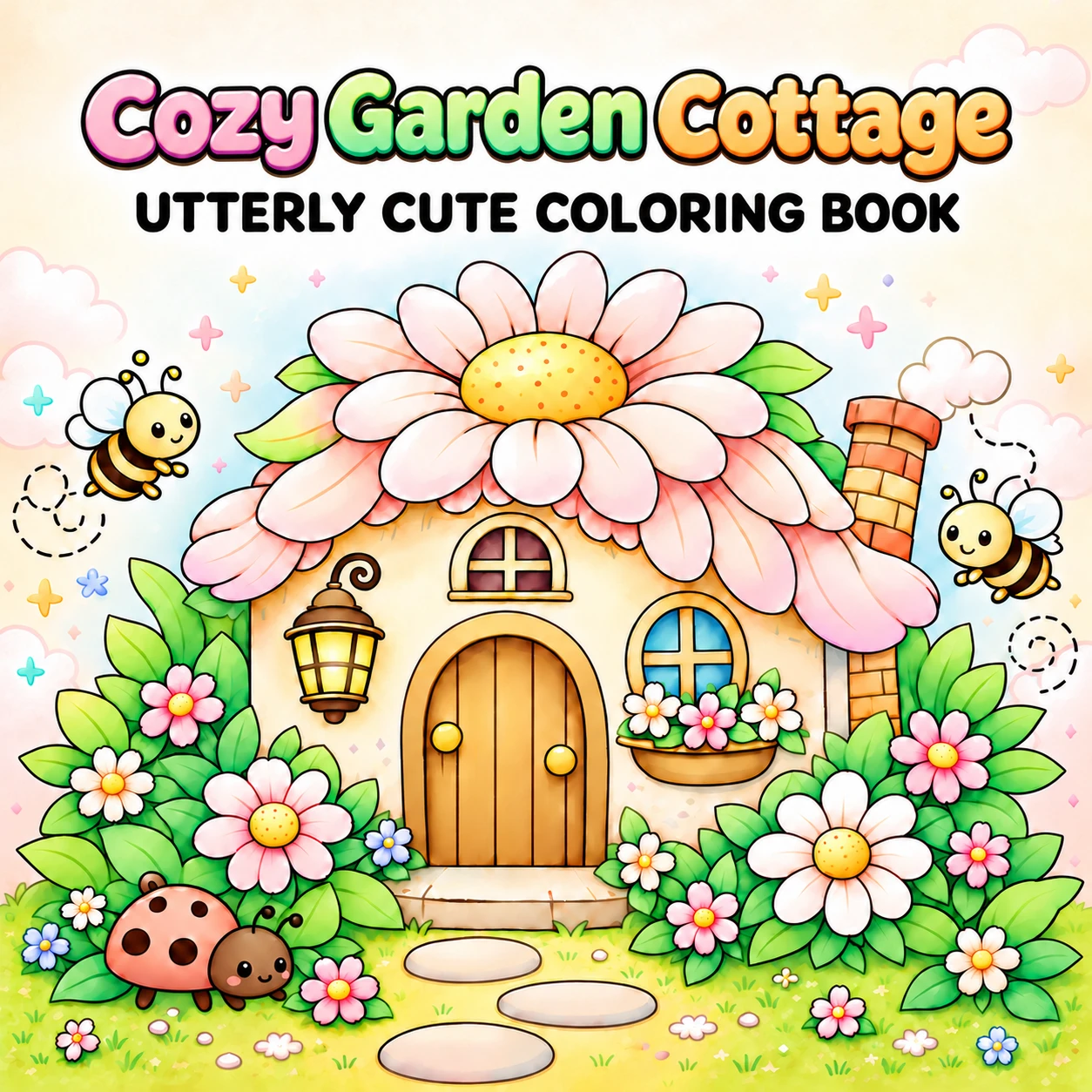 Cozy Garden Cottage coloring book cover showing a flower-roof cottage, garden path, blossoms, bees and a ladybug