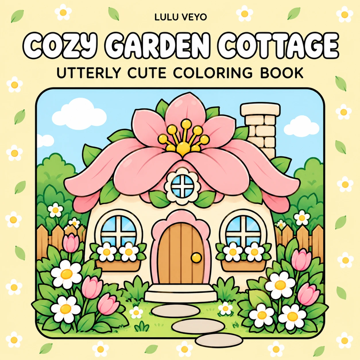 Cozy Garden Cottage coloring book cover showing a flower-roof cottage, garden path, blossoms, bees and a ladybug