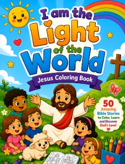 I Am the Light of the World Jesus coloring book cover with Jesus, an open Bible and golden light