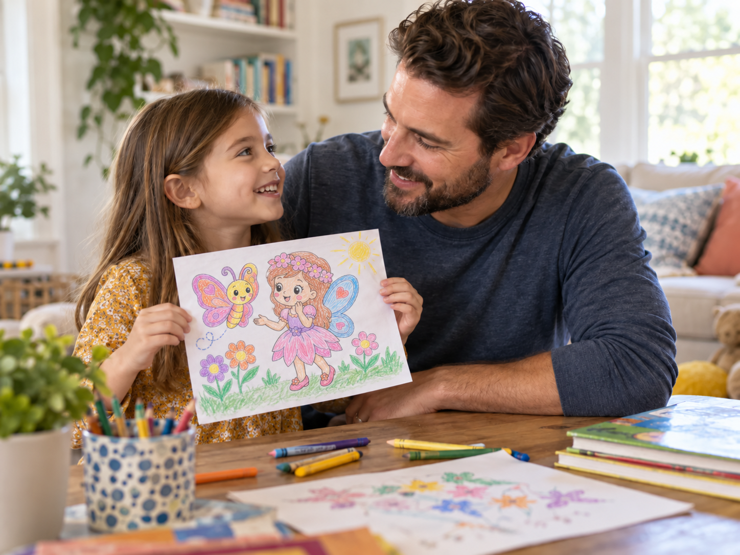 A father encouraging his daughter as she shares a colored page from My Magical Friends