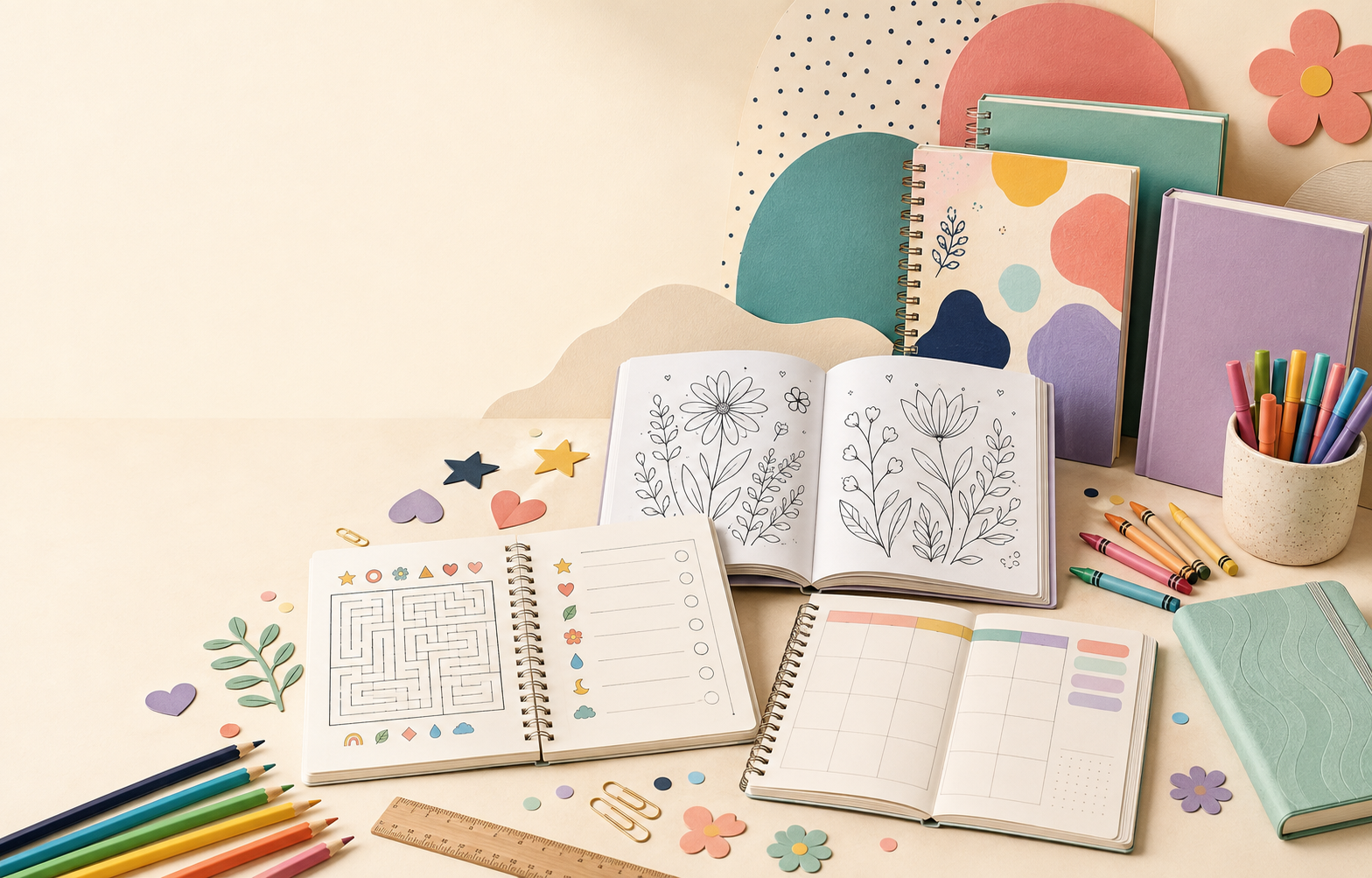GN Press coloring books and colorful art supplies arranged for a cheerful creative break